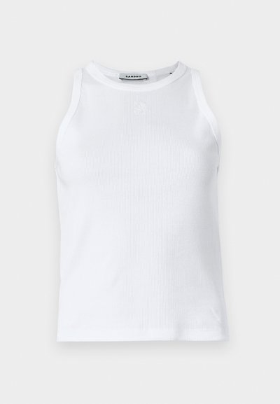White ribbed tank top with a rounded neckline, sleeveless design, and a small logo on the front. Smooth texture and fitted shape.
