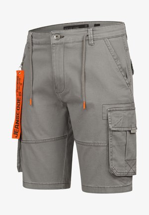 Pantalones cortos cargo grises con bolsillos laterales, cintura con cordón y acentos naranjas. Fabricados con un material duradero, presentan un ajuste relajado y detalles cosidos.