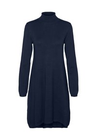 Mörk marinblå långärmad klänning med hög krage, tillverkad av mjukt tyg, med rak skärning och en lätt rundad fåll.