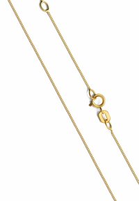 Collana in oro con un design a maglia fine e texturizzata, dotata di un fermaglio circolare e un accento a maglia allungata per una chiusura sicura.