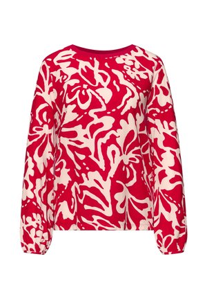 Rød langærmet skjorte med abstrakte hvide blomsterprint og rund halsudskæring, der har let pufærmer med elastiske manchetter.