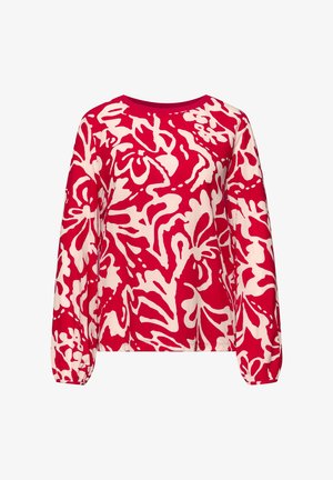 Czerwona koszula z długim rękawem z abstrakcyjnymi białymi kwiatowymi wzorami i okrągłym dekoltem, z lekko bufkami oraz elastycznymi mankietami.