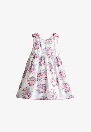 Rochie albă fără mâneci pentru copil mic, cu unicorni roz și modele florale colorate, cu nasturi la umeri și margini roz.