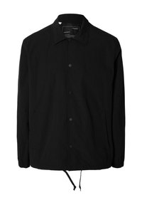 Giacca leggera nera realizzata in materiale morbido, con colletto, bottoni a pressione, due tasche frontali e cordini regolabili all'orlo.