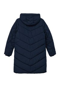 Cappotto imbottito blu navy con cappuccio, caratterizzato da un motivo a zigzag, maniche lunghe e una lunghezza fino al ginocchio. Tessuto liscio.