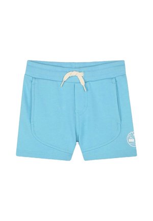 Helle blaue Shorts aus weichem Stoff, mit einem elastischen Bund und einem Kordelzug sowie Fronttaschen. Mit einem Logo an der Seite.