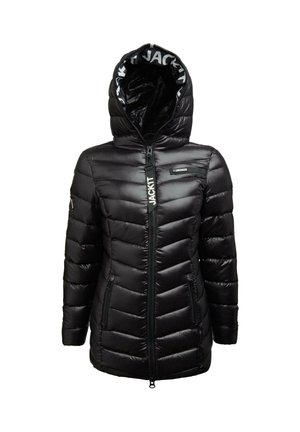 Černá péřová bunda s zipovým uzavíráním a kapucí. Má prošívané části, dvě přední kapsy a branding na podšívce kapuce a na hrudi.