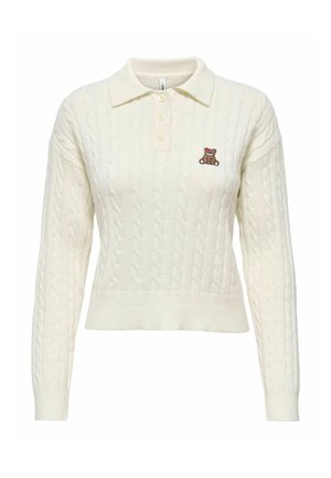 Kabelis adīts puloveris krēmkrāsā ar apkakles izgriezumu un trim pogām. Uz krūšu daļas ir neliels brūns teddy lācītis izšuvums.