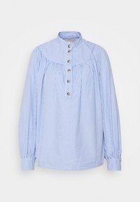 Blusa a righe blu e bianche con colletto alto, maniche lunghe e chiusura con bottoni. Presenta dettagli arricciati e una vestibilità rilassata.