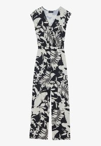 Jumpsuit floreale bianco e nero, con maniche corte, scollo a V, vita elastica e pantaloni a gamba larga in un tessuto morbido.