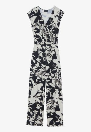 Svart og hvit blomstrete jumpsuit med korte ermer, V-hals, elastisk liv og vide ben med en jevn tekstur.