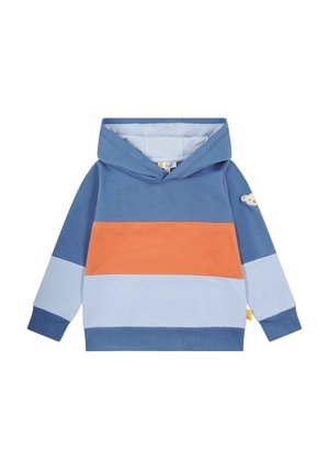 Felpa con cappuccio in cotone, con righe orizzontali blu, azzurro e arancione; presenta una piccola patch a forma di orso sulla manica.