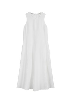 White sleeveless dress with a round neckline, slightly flared A-line shape, made from textured fabric. Features a subtle back zipper detail.