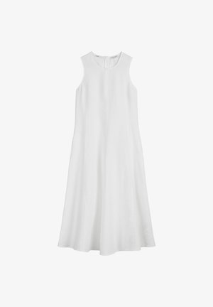 Witte mouwloze jurk met een ronde halslijn, met een licht uitlopende A-lijn vorm, gemaakt van textuurstof. Beschikt over een subtiele rugrits detail.