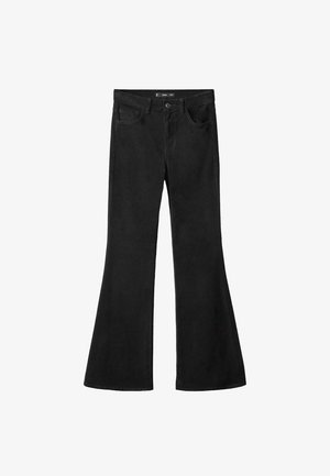Jean évasé noir en denim. Comprend cinq poches, fermeture à bouton à l'avant, et une texture lisse avec des coutures régulières.