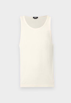 Weißes Baumwoll-Trägershirt mit einer gerippten Textur, rundem Ausschnitt und ohne Ärmel. Verfügt über ein kleines Logotag unten links.