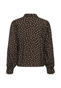Blouse noire à manches longues avec des pois blancs, poignets boutonnés et col, vue de dos.