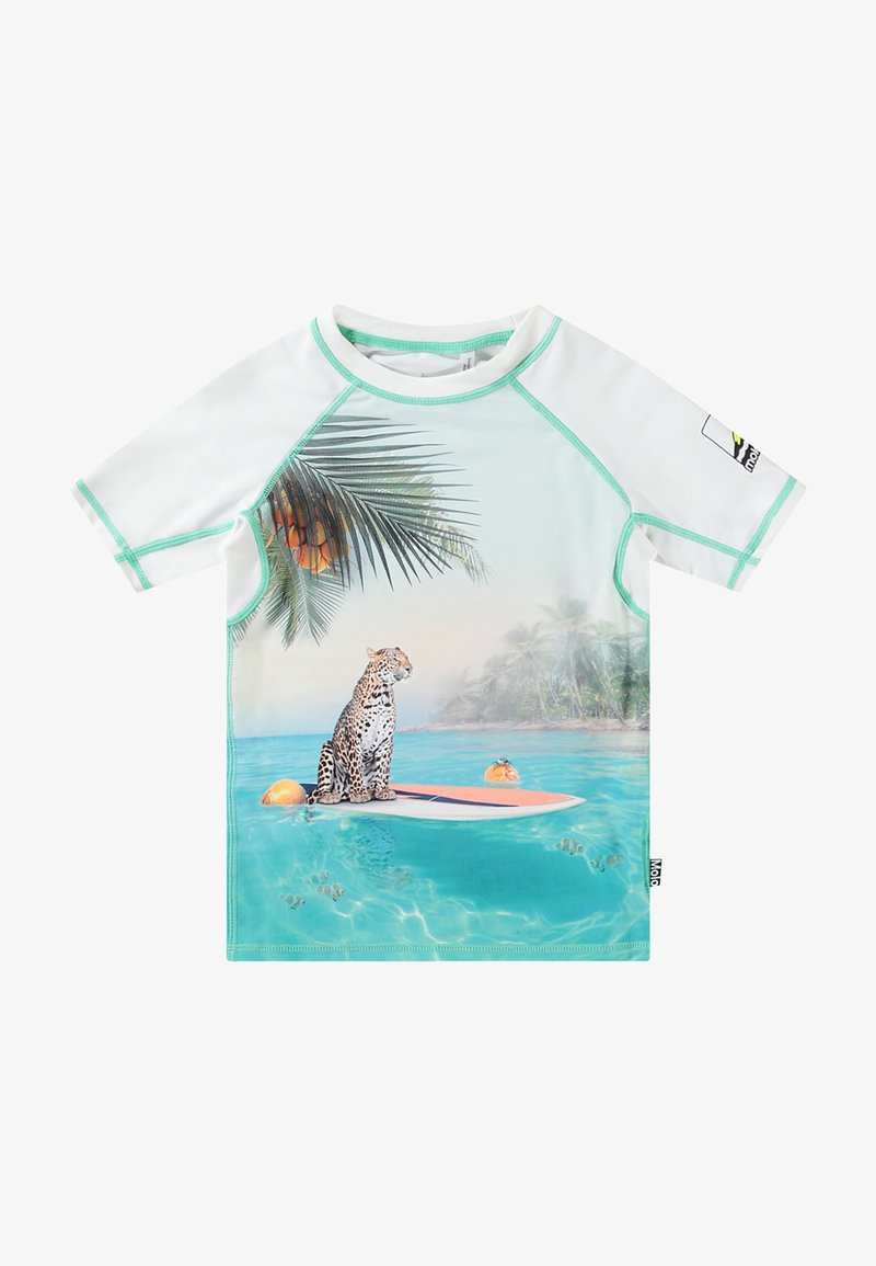 Korte ermes rash guard med et lekent design av en leopard på et surfbrett, satt mot en tropisk havbakgrunn med palmeblader.