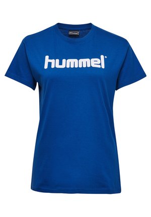 Blaues Baumwoll-T-Shirt mit einem weißen "hummel"-Logo auf der Vorderseite, klassischem Rundhalsausschnitt und kurzen Ärmeln.
