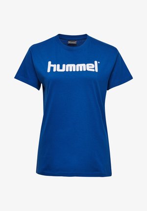 Blaues Baumwoll-T-Shirt mit einem weißen "hummel"-Logo auf der Vorderseite, klassischem Rundhalsausschnitt und kurzen Ärmeln.