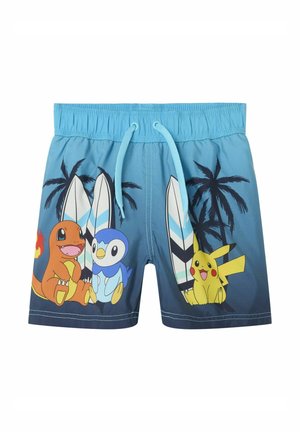 Blauwe zwemshorts met cartoonfiguren Charmander, Piplup en Pikachu tegen een ontwerp van een palmboom en surfplank. Elastaan tailleband, met trekkoord.