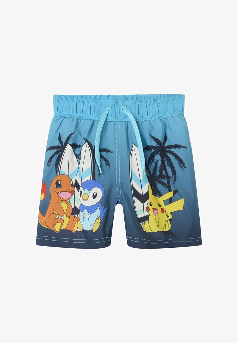 Niebieskie kąpielówki z rysunkowymi postaciami Charmandera, Piplupa i Pikachu na tle palm i deski surfingowej. Elastyczny pas, sznurek.