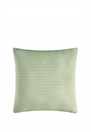 Oreiller rectangulaire vert clair avec texture côtelée horizontale sur fond blanc.