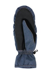 Denim ovenwant met een zwarte leren palm. Bevat een elastische pols met een trekkoord, contrasterende stiksels en een ronde bovenkant.