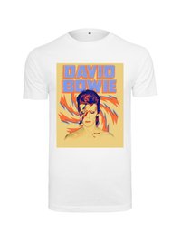 Hvid T-shirt med et farverigt grafisk motiv af en person med orange og blå nuancer, omringet af svajende mønstre, og teksten "DAVID BOWIE".