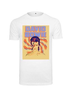 T-shirt bianco con una grafica colorata di una persona con accenti arancioni e blu, circondata da motivi vorticosi, e il testo "DAVID BOWIE".