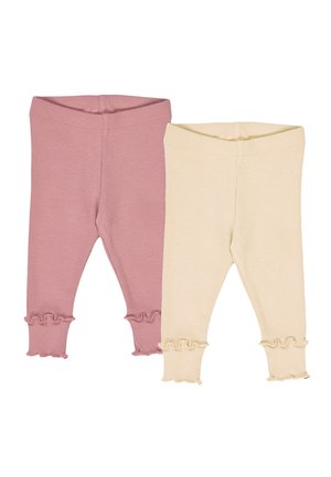 Due coppie di leggings per bambini: una in rosa chiaro a coste, l'altra in crema a coste, entrambe con polsini arricciati e fasce elastiche in vita.