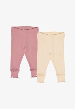 Zwei Paar Baby-Leggings: eines in geripptem, hellrosa Stoff, das andere in geripptem Creme, beide mit Rüschensaum und elastischem Bund.