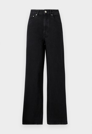 Jean en denim noir taille haute avec une coupe large, comportant cinq poches et des accents en métal argenté. Texture lisse dans l'ensemble.