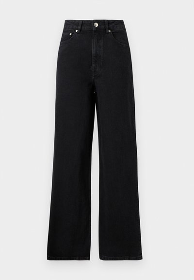 High-waisted black denim jeans with a wide-leg design, featuring five pockets and silver-tone hardware accents. Smooth texture overall.