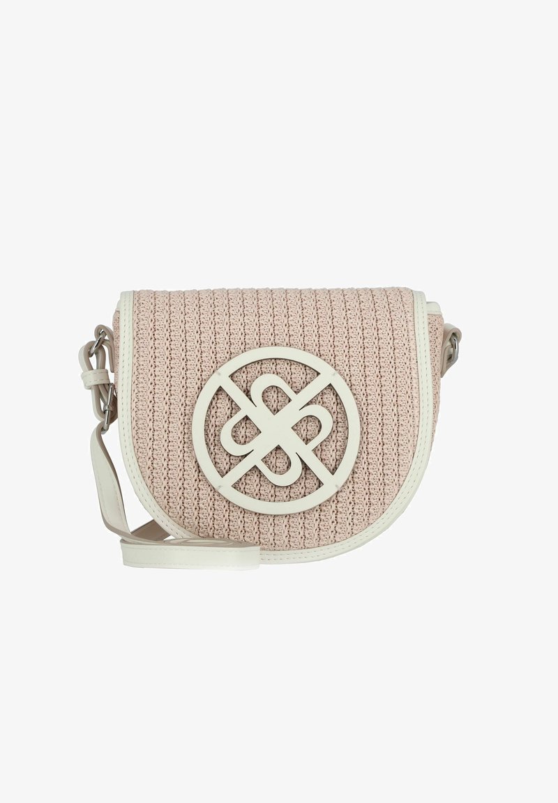 Borsa a tracolla in tessuto a maglia di un delicato rosa pallido con un accento di logo bianco circolare, tracolla regolabile e chiusura a patta curvata. Dettagli di finitura liscia.