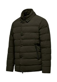 Padded jacket in dark green with a collared design, featuring buttons down the front, zippered pocket, and smooth texture.