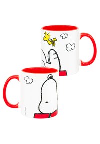 Mug in ceramica bianca con interno e manico rossi, decorato con disegni a linea nera di Snoopy e Woodstock, circondati da nuvole.
