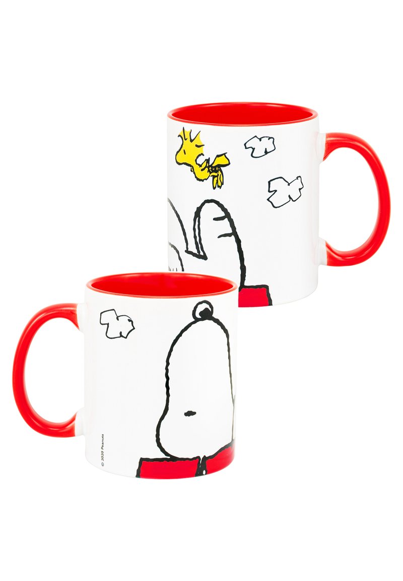 Mug in ceramica bianca con interno e manico rossi, decorato con disegni a linea nera di Snoopy e Woodstock, circondati da nuvole.