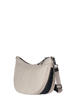 Borsa a spalla beige con finitura liscia, dettagli neri, design curvo, tracolla regolabile e due scomparti con cerniera.