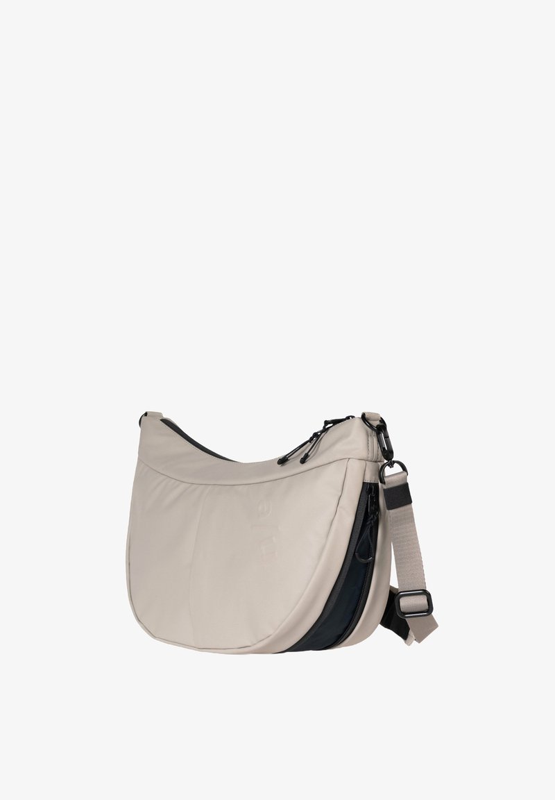 Borsa a spalla beige con finitura liscia, dettagli neri, design curvo, tracolla regolabile e due scomparti con cerniera.