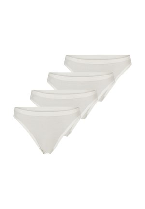 Quatre culottes blanches pour femmes, coupe bikini, disposées en diagonale sur un fond blanc.