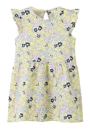 Ermeløs kjole for småbarn med volangdetaljer på skuldrene, gul, lavendel, svart og sart blå blomstertrykk, og knappelukking med nøkkelhull bak.