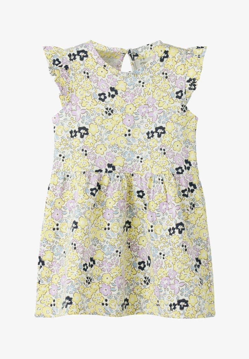Robe sans manches pour tout-petit avec épaules volantées, motif floral jaune, lavande, noir et bleu pâle, et fermeture dos avec bouton fente.