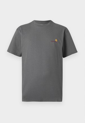 Gray short-sleeve t-shirt made of cotton; features a subtle logo in orange and burgundy on the chest. Basic crew neck design.