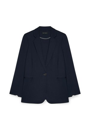 Navyblå single-knap blazer med revers, to forlommer og lange ærmer lagt fladt på en hvid baggrund.