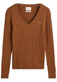 Brauner Strickpullover mit V-Ausschnitt, langen Ärmeln und geripptem Saum. Verfügt über ein dezentes Logodetail auf der Brust. Weiche Materialbeschaffenheit.