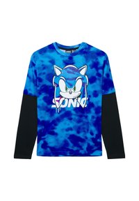 Maglietta a maniche lunghe blu tie-dye con maniche nere, con una grafica di Sonic the Hedgehog in bianco con dettagli verdi.