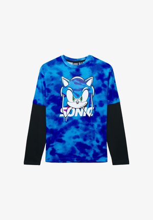 Niebieska koszula z długim rękawem w stylu tie-dye z czarnymi rękawami, z grafiką Sonic the Hedgehog w białym kolorze z zielonymi detalami.