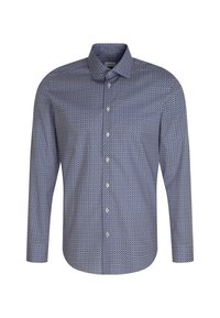 Pánská košile s dlouhým rukávem, se zapínáním na knoflíky, modrým geometrickým kruhovým vzorem a klasickým límcem.