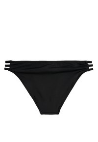 Parte inferior de bikini negro hecha de tela suave, con tres tiras laterales estrechas, corte de altura media y diseño minimalista.
